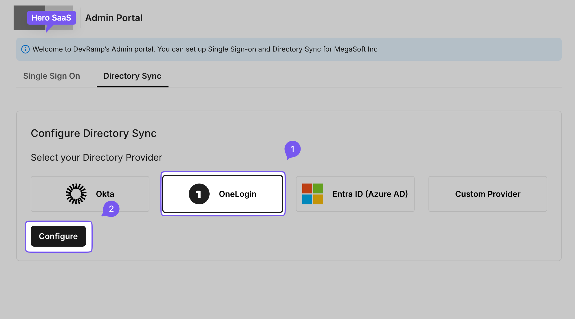 Setting up Directory Sync in the admin portal of an app being onboarded: OneLogin selected as the provider, awaiting configuration