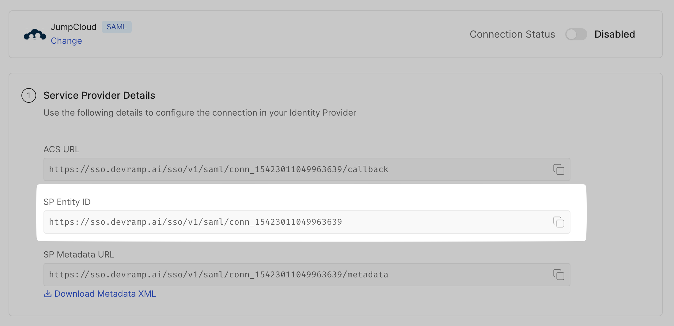 Copy SP Entity ID from your SSO Configuration Portal