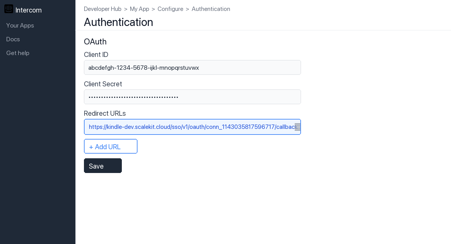 Add redirect URL in Intercom Developer Hub