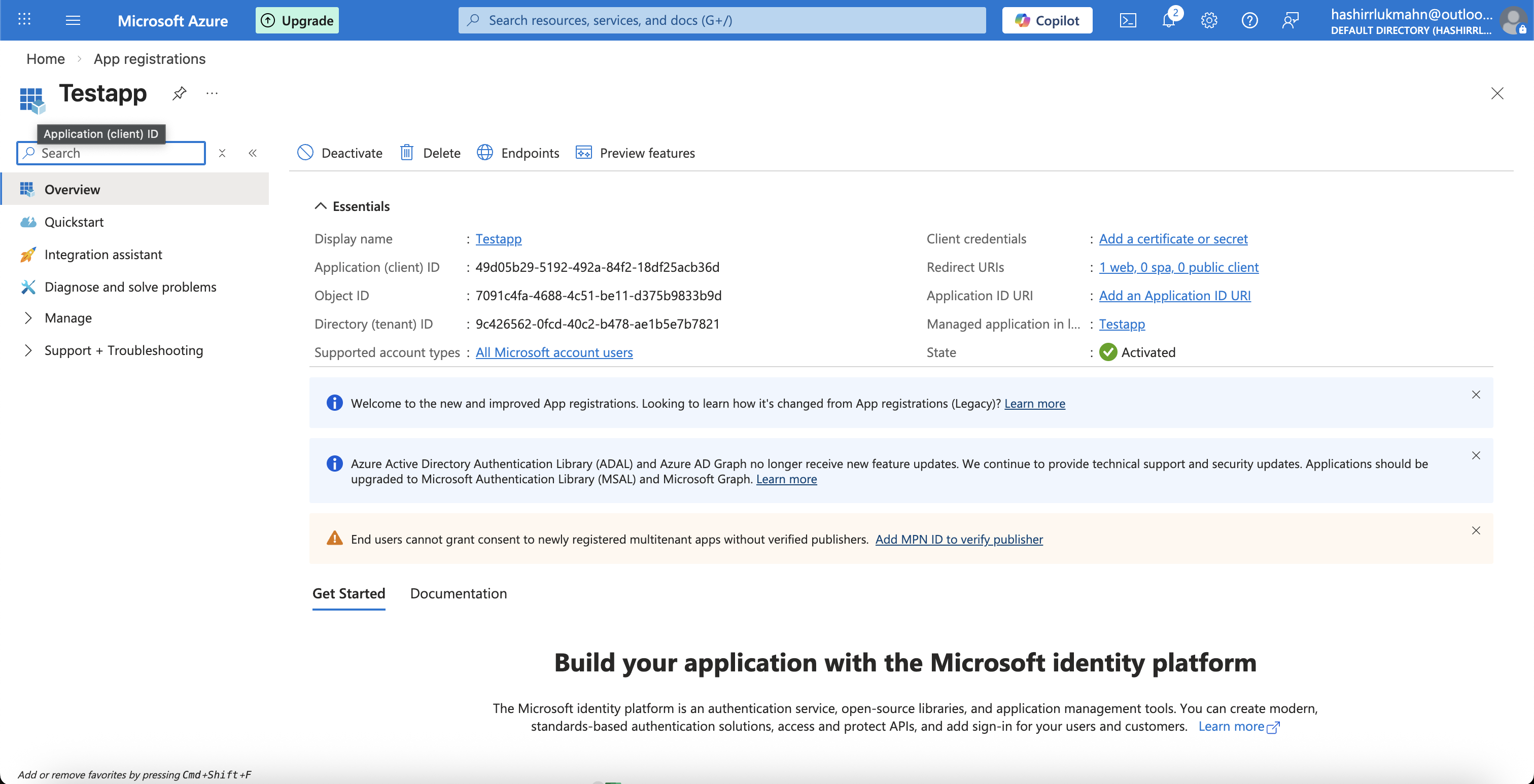 Copy the Application (client) ID from the Azure app overview