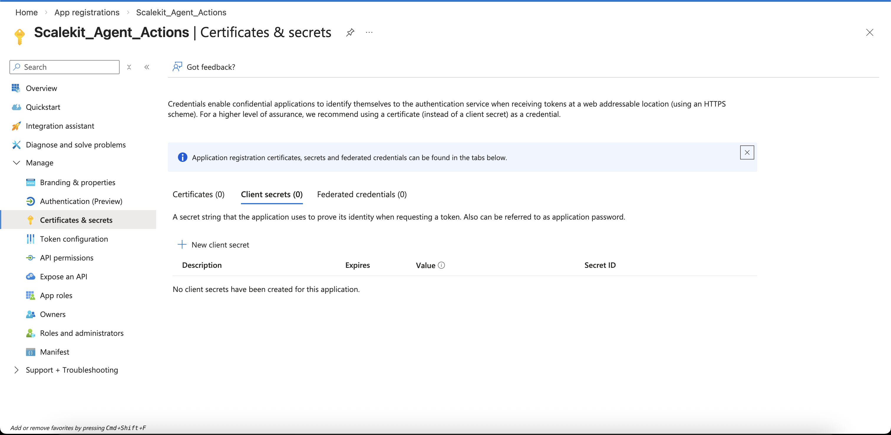 Certificates and secrets page in Azure portal
