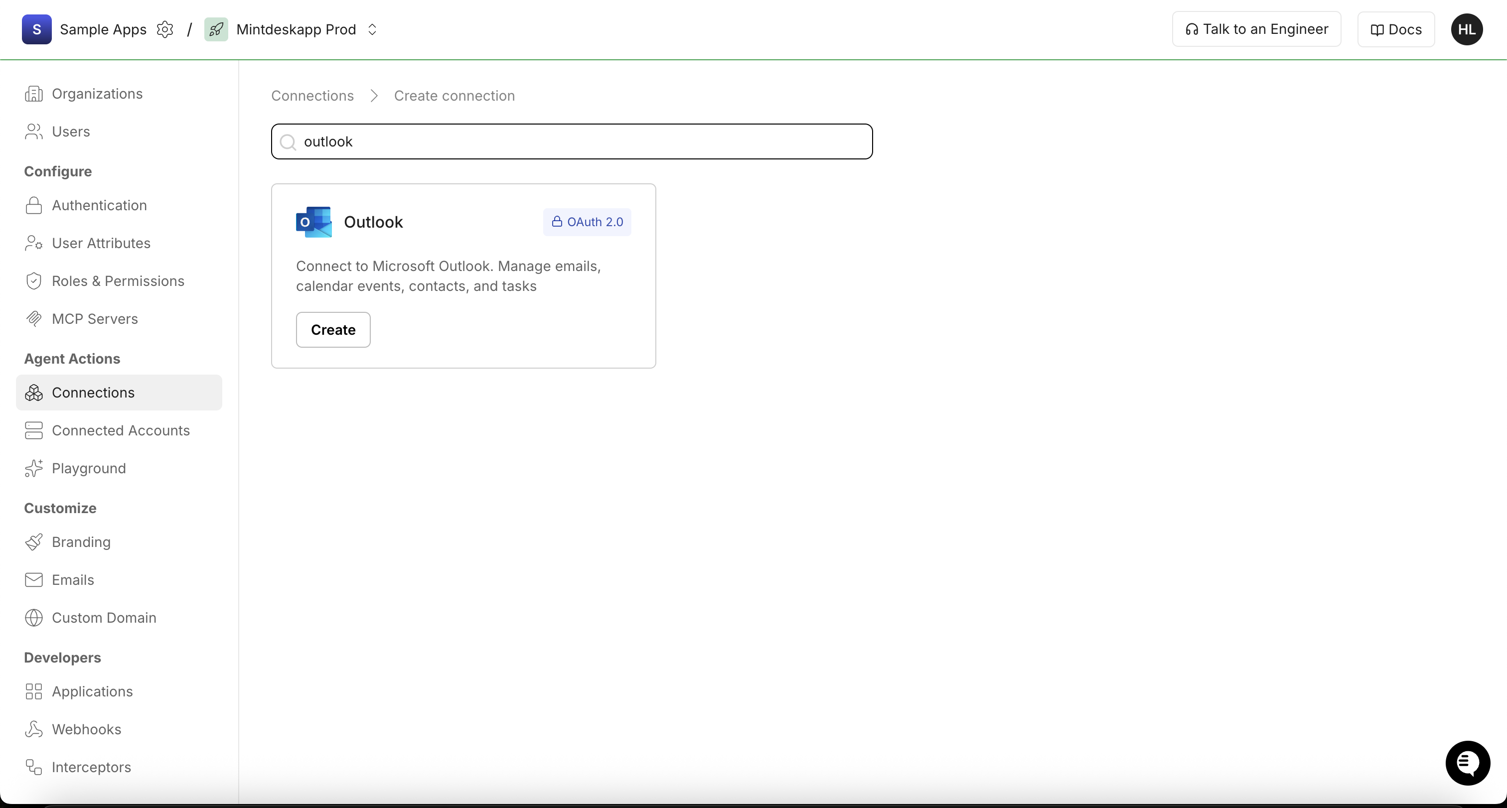 Search for Outlook and create a new connection