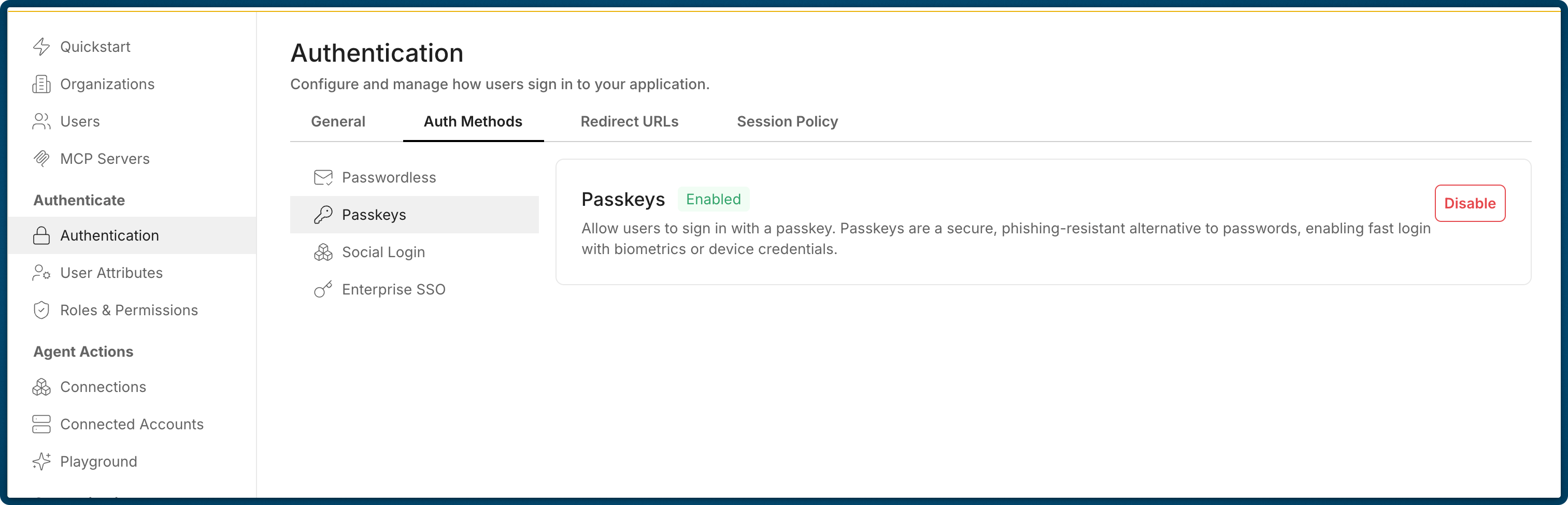 Enable passkeys button in Scalekit settings