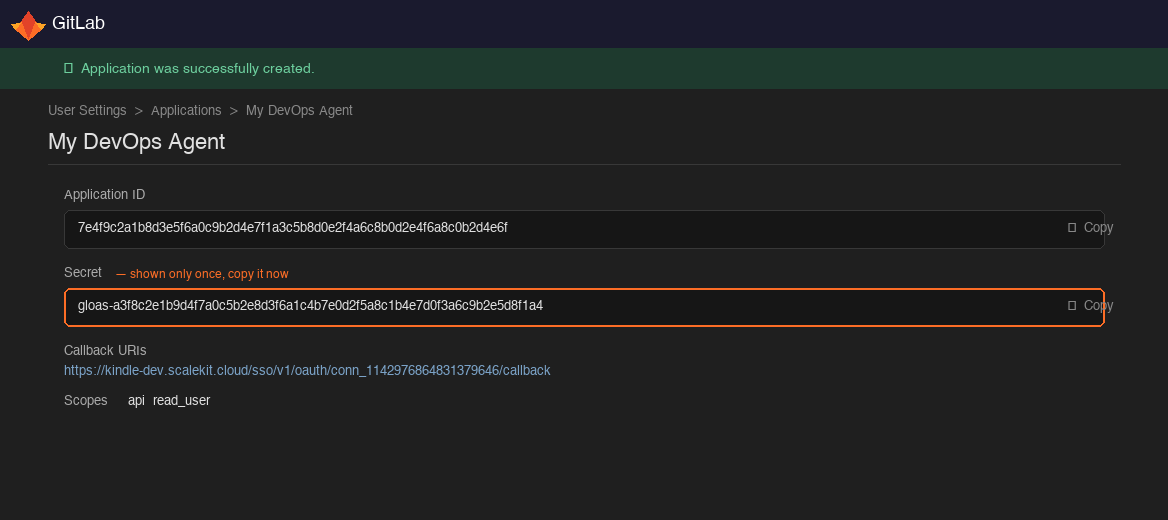 GitLab application detail page with Application ID and Secret