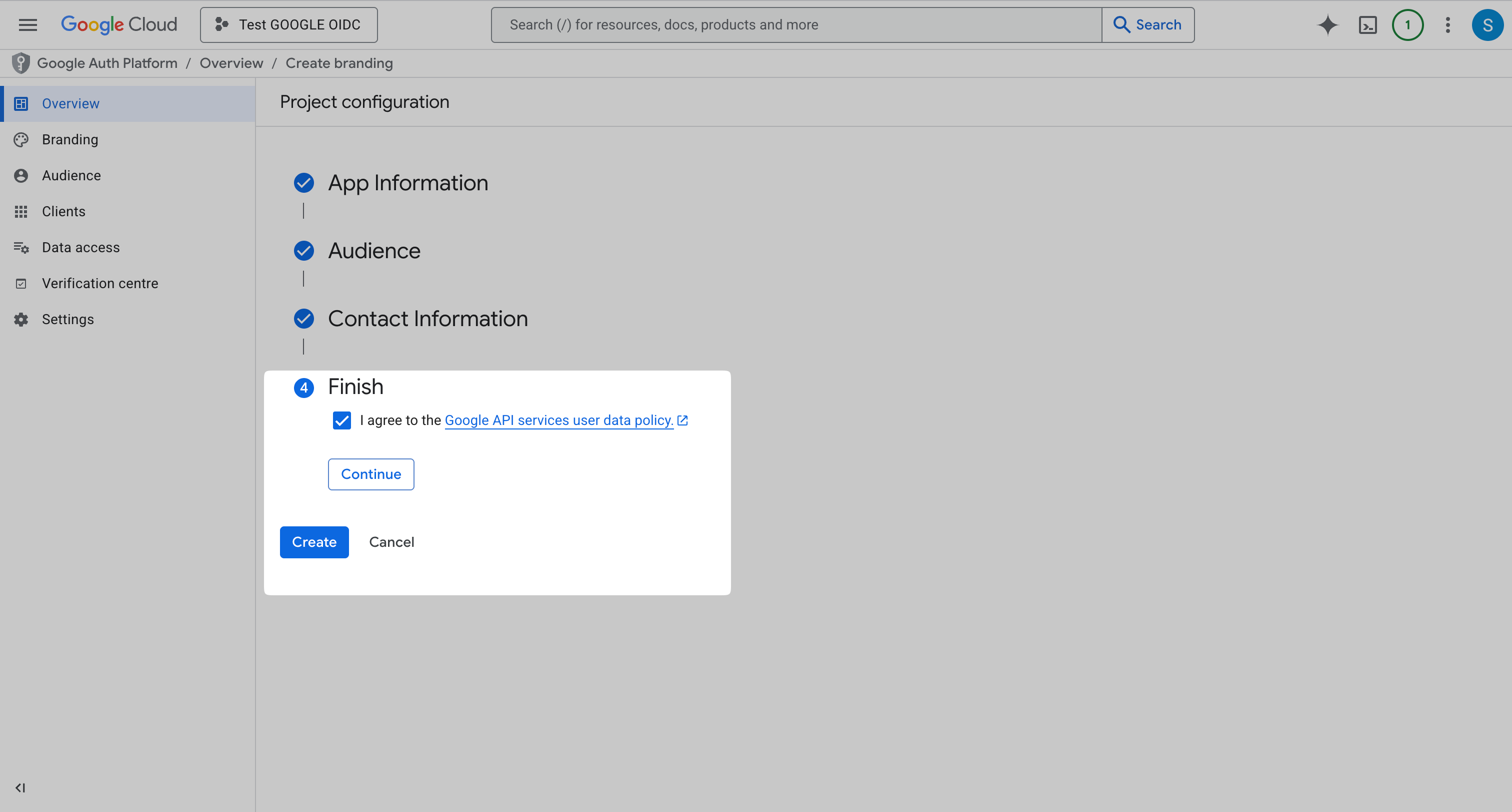 Google OAuth consent screen policy agreement and Create button