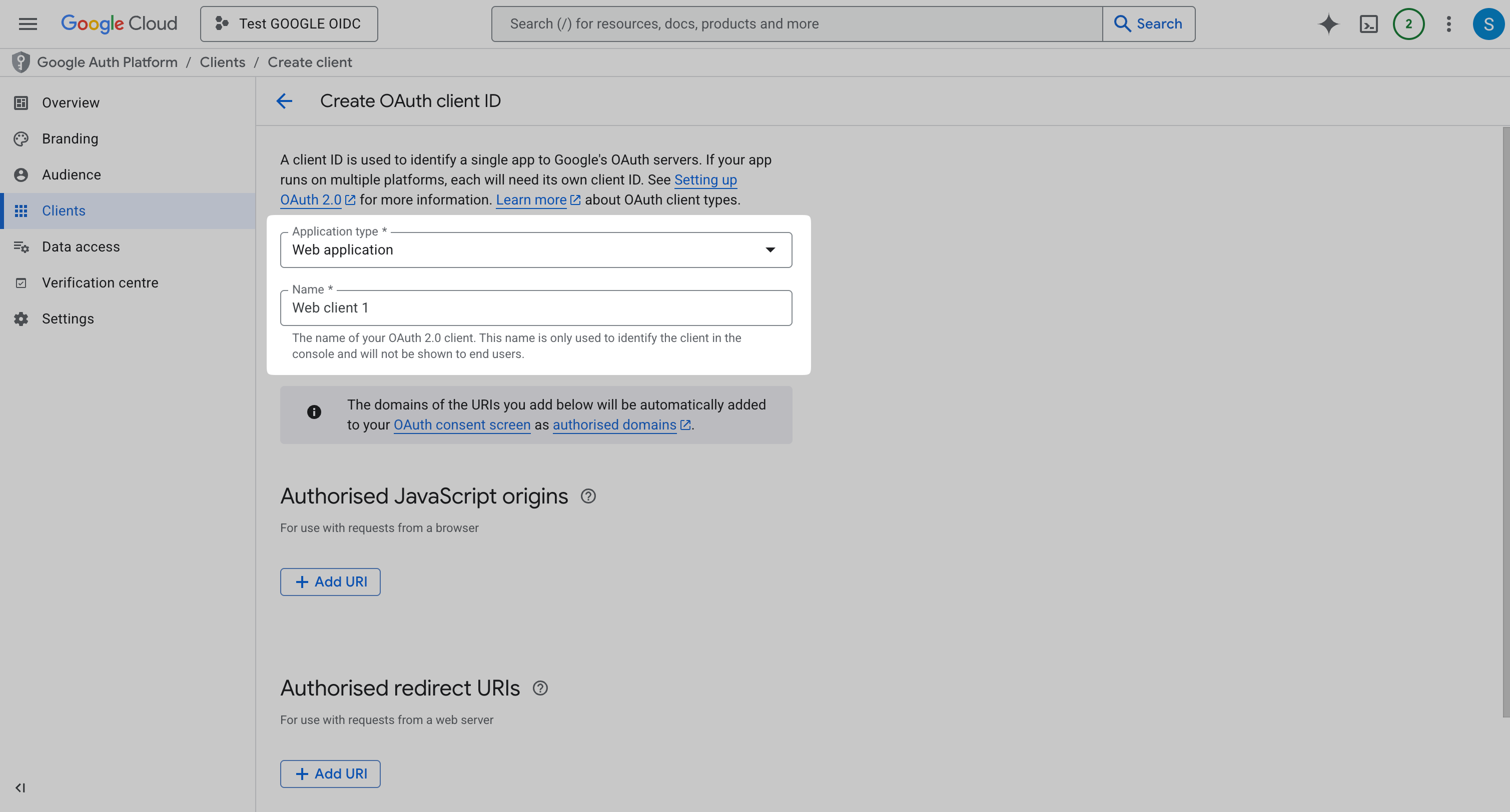Create OAuth client form with Web application selected and client name entered