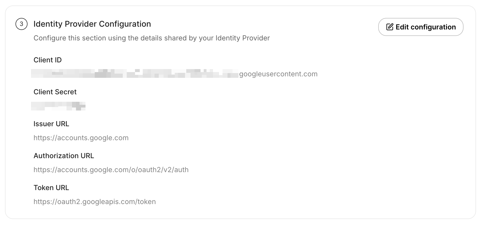 SSO Configuration Portal showing the Google Issuer URL after update