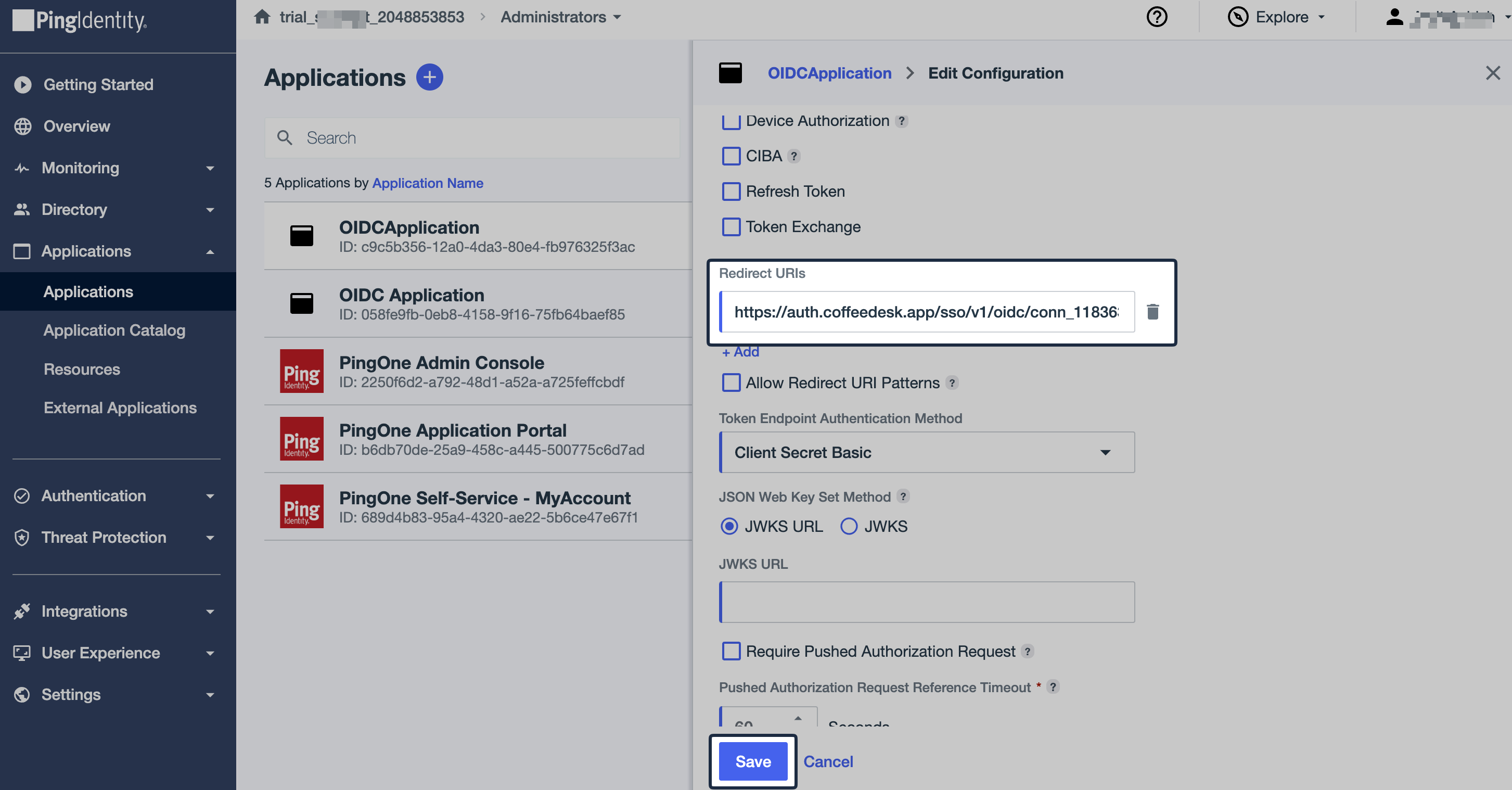 Ping Identity redirect URI settings with the Sign-in redirect URI field populated