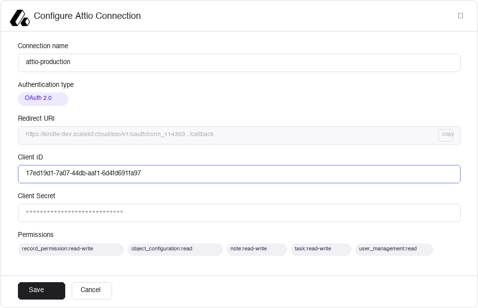 Scalekit connection configuration showing the Client ID, Client Secret, and Permissions fields for the Attio connection