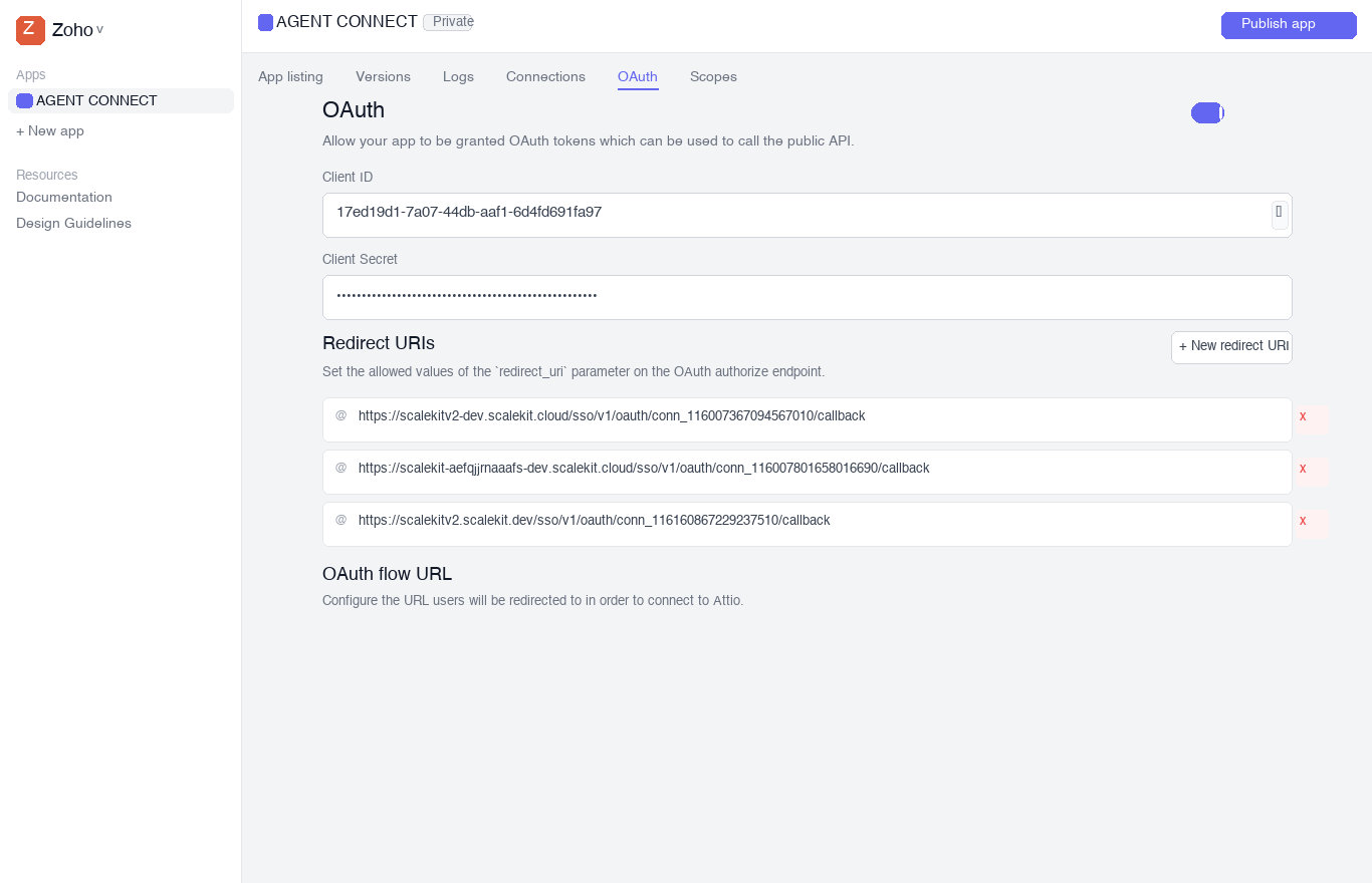 Attio OAuth app settings showing Client ID, Client Secret, and the Redirect URIs section with the Scalekit callback URL added